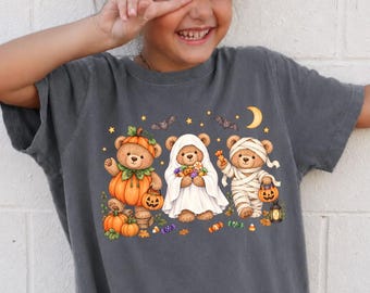 Kids Halloween Shirt, Teddy Bear Graphic Tee, Youth Pumpkin Ghost Mummy T Shirt, Vintage Spooky Season Tee, Cute Fall Shirt for Kids