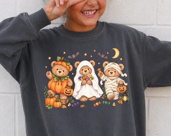 Kids Halloween Sweatshirt, Teddy Bear Graphic Crewneck, Youth Pumpkin Ghost Mummy Pullover, Vintage Spooky Season Fall Sweater for Kids