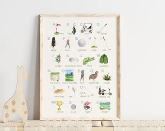 Golf Alphabet Nursery Print, Watercolor Golf Print, Golf Wall Art, Golf Gift, Golf Nursery, ABCs print, Boys Room, Kids Room, Nursery Art