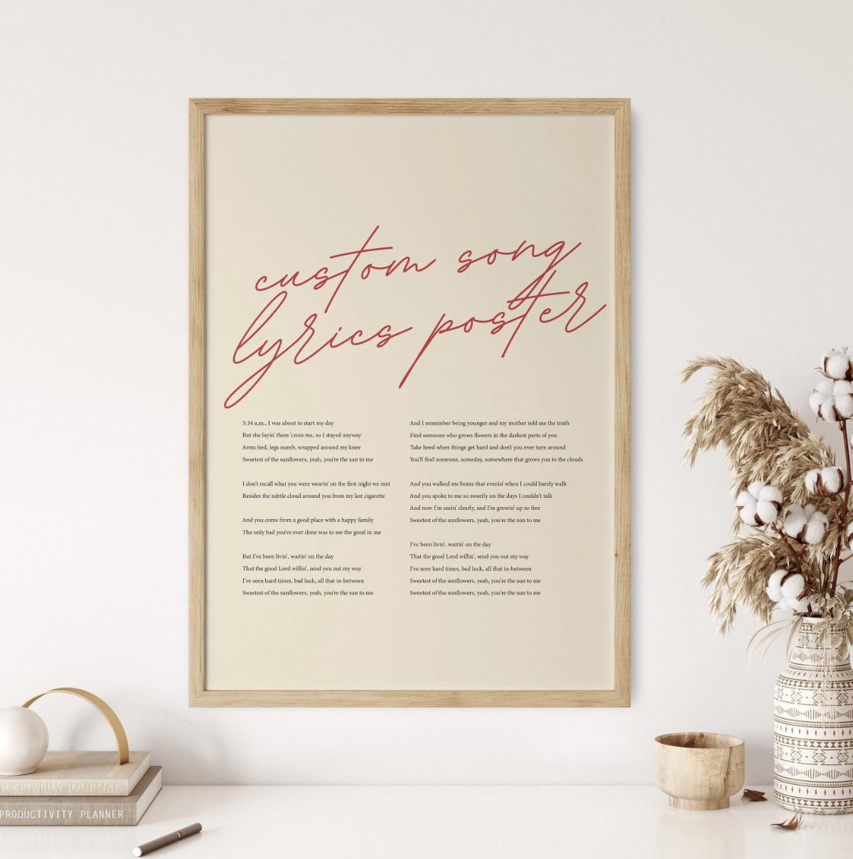 Custom Song Lyrics Wall Art, Personalised Music Poster, Customizable Music Gift, Anniversary Gift, Music Gift, Wedding Song, First Dance