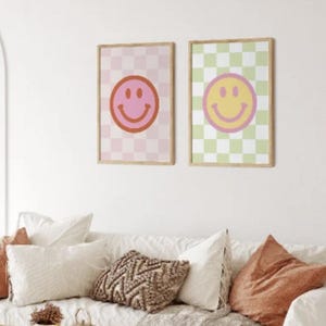 Smiley Face Checkered Print, Smiley Face Print, Aesthetic Room Decor, Preppy Wall Art, Happy Face Print, College Dorm Room Decor, Digital