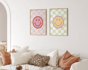 Smiley Face Checkered Print, Smiley Face Print, Aesthetic Room Decor, Preppy Wall Art, Happy Face Print, College Dorm Room Decor, Digital