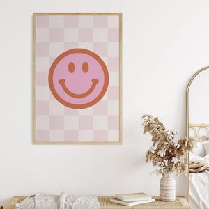 Checkered Smiley Face Print, Girls Bedroom Prints, Girls Checker Prints, Girls Wall Decor, Retro Wall Art, Preppy Print, Happy Face, Gift