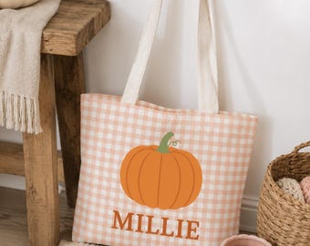 Personalized Trick or Treat Bag, Kids Halloween Tote with Custom Name, Orange Gingham Candy Bag, Halloween Character Tote for Kids