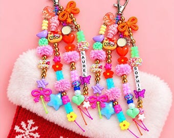 Stocking Stuffer for Girls, Personalized Name Beaded Keychain, Backpack Charm, Colorful Tween Christmas Gift, Kids Gift