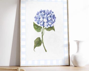 Blue Hydrangea Print Digital Download, Coastal granddaughter, Aesthetic, Botanical Wall Art, Watercolor, Vintage Floral Illustration Print