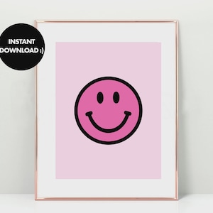 Impressão de rosto sorridente, pôster de rosto sorridente, arte de parede rosa choque, download digital de rosto feliz, decoração de parede universitária, decoração de quarto, decoração de parede de rosto emoji