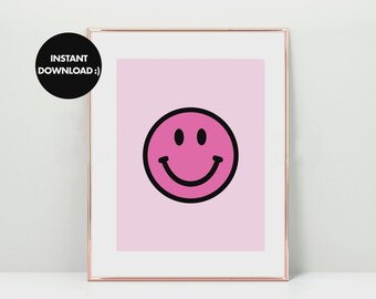 Pinkfarbener Smiley-Druck, Wandbild im Preppy-Stil, Poster mit fröhlichem Gesicht, Y2K-Zimmerdeko, Ästhetische Bilderwand, Digitaler Download