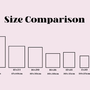 May include: A size comparison chart showing different sizes of rectangular frames. The chart shows the dimensions in inches and centimeters. The largest frame is 21 inches by 36 inches (60 cm by 91 cm) and the smallest frame is 8 inches by 10 inches (20 cm by 25 cm).