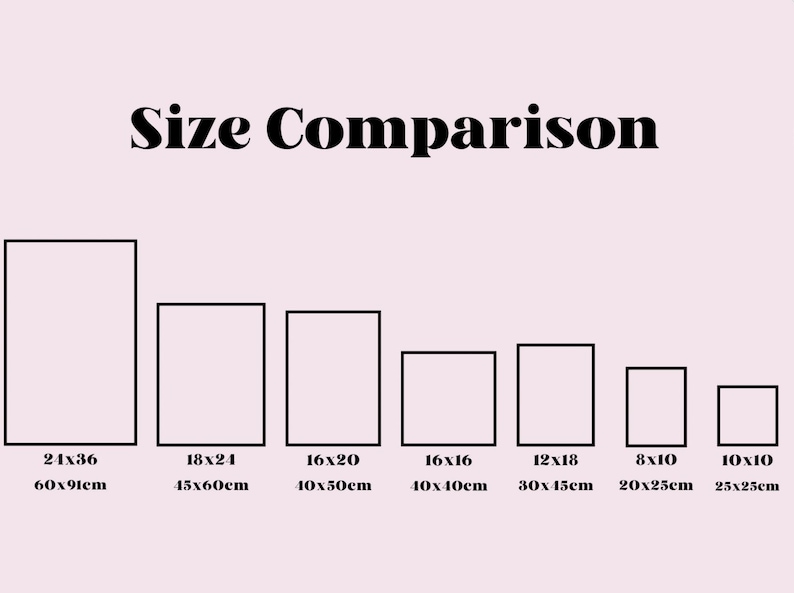 May include: A size comparison chart showing different sizes of rectangular frames. The chart shows the dimensions in inches and centimeters. The largest frame is 21 inches by 36 inches (60 cm by 91 cm) and the smallest frame is 8 inches by 10 inches (20 cm by 25 cm).