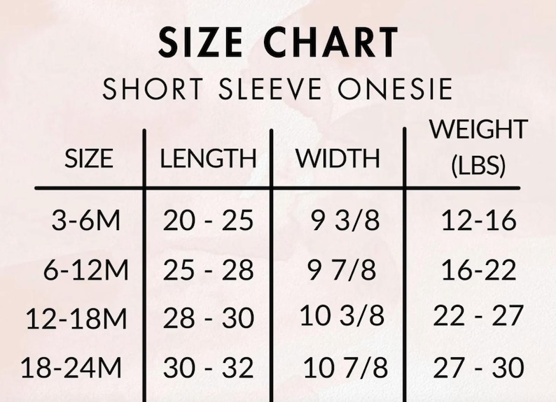 May include: Size chart for short sleeve onesies with measurements in inches and weight in pounds. The chart shows sizes from 3-6 months to 18-24 months, with corresponding length, width, and weight ranges.