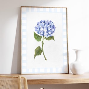 Blue Hydrangea Watercolor Print, Vintage, English Garden, Grandmillenial, Botanical Wall Art, Coastal Granddaughter, Chinoiserie, Trendy