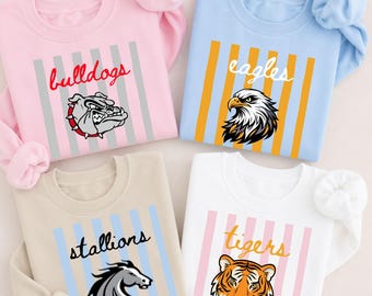 Sudadera personalizada con mascota a rayas, logotipo escolar, cuello redondo, sudadera de equipo, camisa a rayas, sudadera personalizada de equipo estilo preppy, club de apoyo