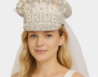 Crystal Rhinestone Pearl Bride Captain Hat With Veil  display picture 2