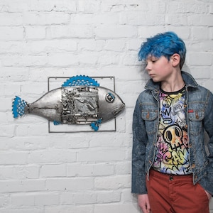 Tredimensionell panelfisk, Blåfena, 3D-väggkonst, metallkonst, 4-dimensionell målning