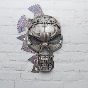 Handmade Metal Skull Wall Art – Industrial Steel Sculpture – Recycled Machine Parts – Punk Decor – Cyberpunk – Unique Wall Hanging