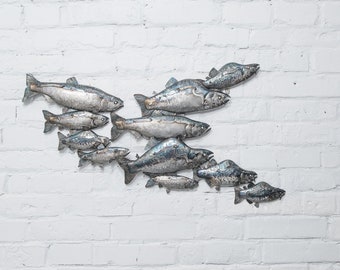 Three-dimensional panel Shoal of fish, pink salmon, metal art  painting, sheet steel 3D panel, fish swarm, Gorbuscha underwater world