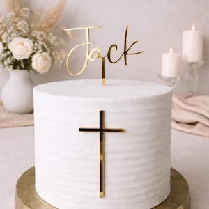 Gold Name Cake Topper| Cake Cross | Personalized Baptism Cake Topper | Custom Name Christening Cake Decor |Elegant Religious Cake Decoration