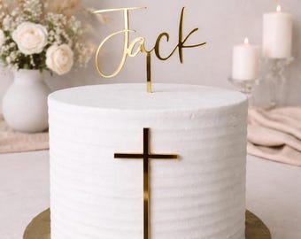 Gold Name Cake Topper| Cake Cross | Personalized Baptism Cake Topper | Custom Name Christening Cake Decor |Elegant Religious Cake Decoration
