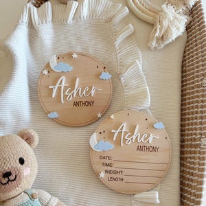 Signe de naissance lune | Faire-part de naissance étoiles | Faire-part de naissance en bois arqué | Plaque nominative personnalisée | Nom de naissance du bébé