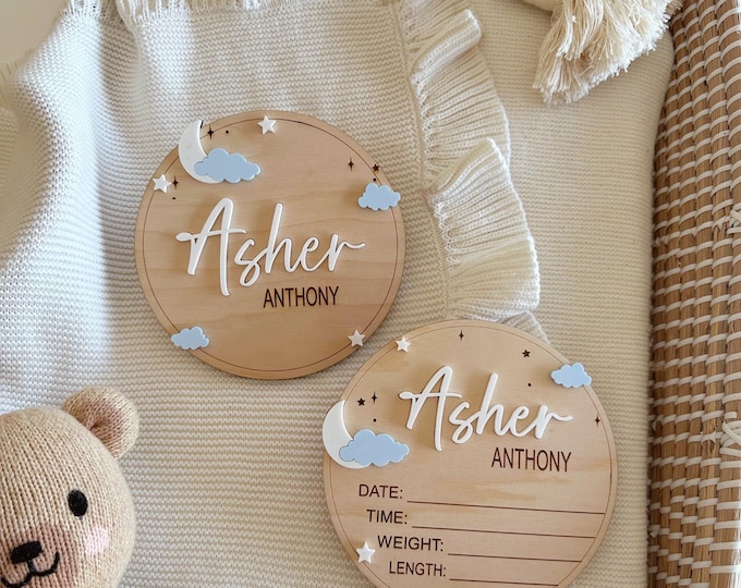 Moon Birth Sign |Stars Baby Birth Announcement | Arched Wooden Birth Announcement | Personalized Name Sign | Baby Birth Name