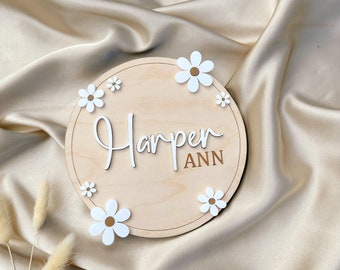 Daisy Flower Birth Sign | Baby Birth Announcement | Arched Wooden Birth Announcement | Personalized Name Sign | Baby Birth Name