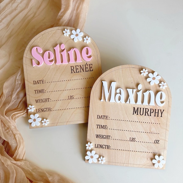 Daisy Flower Birth Sign | Baby Birth Announcement | Arched Wooden Birth Announcement | Personalized Name Sign | Baby Birth Name