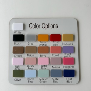 Pode incluir: Um gr&aacute;fico de cores com o texto "Color Options" e uma grade de amostras de cores. As cores incluem branco, preto, cinza, laranja pastel, vermelho fundido, mostarda, choco, bege, terra, coral, roxo brilhante, rosa suave, rosa empoeirado, rosa pastel, malva, rosa choque, azeitona, azul beb&ecirc;, verde glacial, azul ard&oacute;sia e azul fundido.