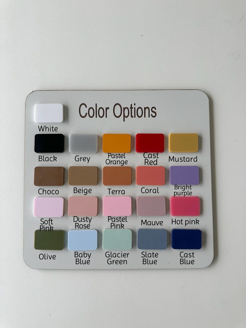Pode incluir: Um gr&aacute;fico de cores com o texto "Color Options" e uma grade de amostras de cores. As cores incluem branco, preto, cinza, laranja pastel, vermelho fundido, mostarda, choco, bege, terra, coral, roxo brilhante, rosa suave, rosa empoeirado, rosa pastel, malva, rosa choque, azeitona, azul beb&ecirc;, verde glacial, azul ard&oacute;sia e azul fundido.