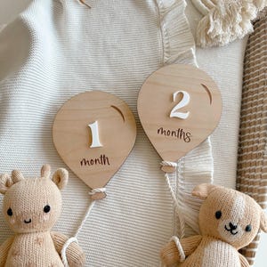 May include: Two wooden balloon-shaped baby milestone markers with white numbers and text. The first marker says "1 month" and the second marker says "2 months".