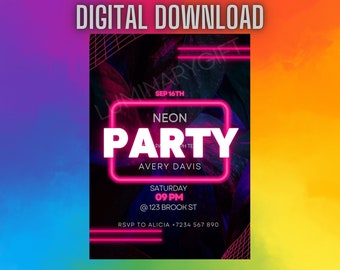 Neon Pink Birthday Party Invitation | DIGITAL DOWNLOAD | Boy | Girl | Kids Party | Invite | Cool | Neon Light