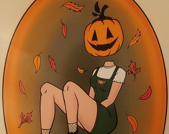 Pumpkin girl mini print, fall art, pumpkin art