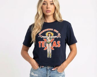 Camiseta corta estilo vaquera retro de Texas: Camiseta con estampado vintage del oeste