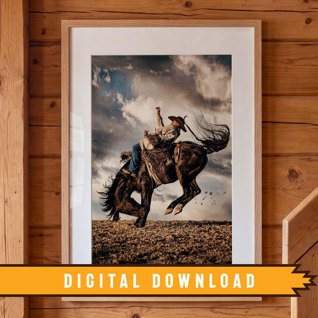 Rodeo Cowboy at Sunset, Bucking Horse Western Wall Art Print (digital ...