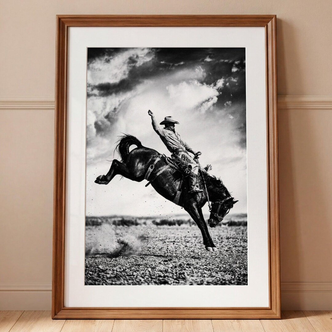 Rodeo Cowboy Wall Art Print, Bucking Horse Western Photography, Black ...