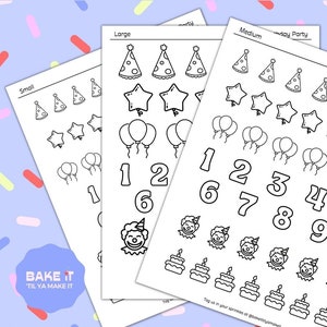 May include: Three printable sheets of black and white birthday party themed stickers in three sizes: small, medium, and large. The stickers include images of party hats, stars, balloons, numbers, clowns, and cakes.