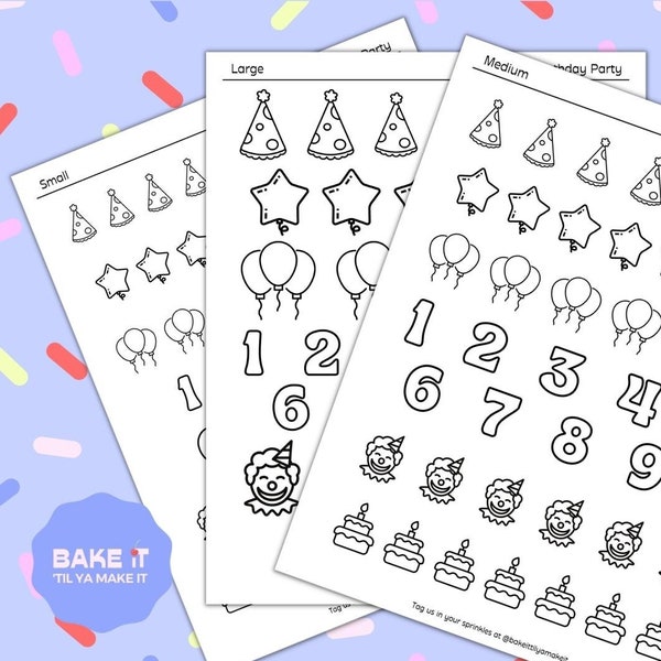 Birthday Party Royal Icing Transfer Sheets - Party Hat, Bday Cake, Balloons, Clown, #s: 1 2 3 4 5 6 7 8 9 0 - Downloadable Sprinkle Template