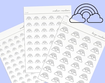 Op de afbeelding: Drie vellen stickerpapier met verschillende maten regenboog- en wolkenstickers. De vellen zijn gelabeld met "klein", "middelgrote regenbogen" en "grote regenbogen".