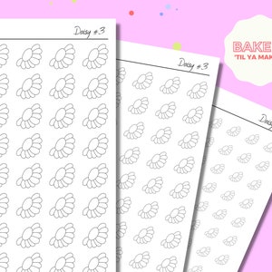 Op de afbeelding: Twee bedrukbare vellen met daisy-stickers. Elk vel heeft bovenaan de tekst "Daisy #3" en bevat een raster met 35 zwarte en witte daisy-omlijningen.