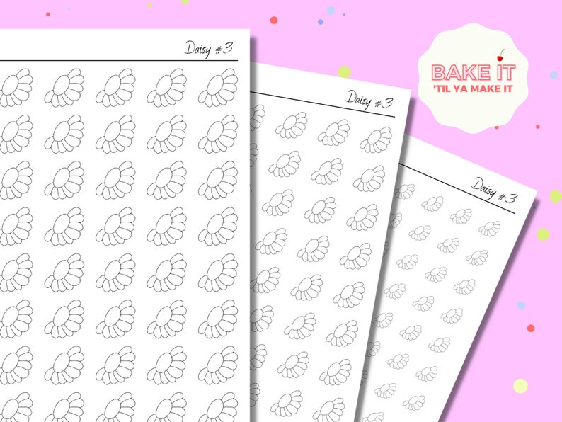Op de afbeelding: Twee bedrukbare vellen met daisy-stickers. Elk vel heeft bovenaan de tekst "Daisy #3" en bevat een raster met 35 zwarte en witte daisy-omlijningen.