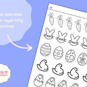 Easter Royal Icing Transfer Sheets: 1&quot;, 1.25&quot; and 1.5&quot; - Bunny Ears, Easter Egg, Baby Chick, Carrot, Marshmallow Chick
