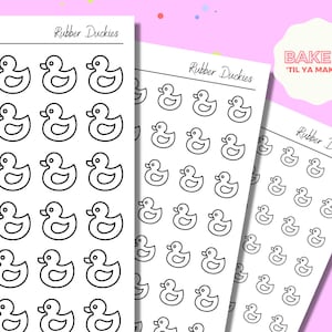 May include: Three sheets of printable stickers featuring black and white outlines of rubber duckies. The text "Rubber Duckies" appears at the top of each sheet.