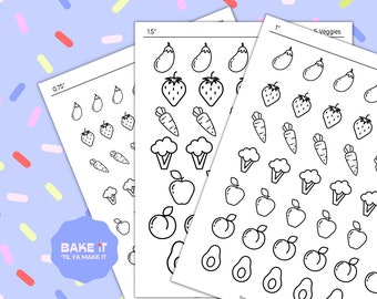Op de afbeelding: Drie bedrukbare vellen met zwart-witte groentestickers. De vellen zijn gelabeld met de maten 0,75", 1" en 1,5". De stickers bevatten afbeeldingen van wortels, broccoli, appels, avocado's, aardbeien, aubergines en tomaten.