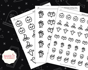 Può includere: Tre fogli di disegni di adesivi di Halloween stampabili. I disegni includono pipistrelli, fantasmi, zucche, cappelli da strega, mani, teschi e calderoni. I fogli sono etichettati "Spooky Halloween", "Halloween Variety Pack" e "1,5 pollici".