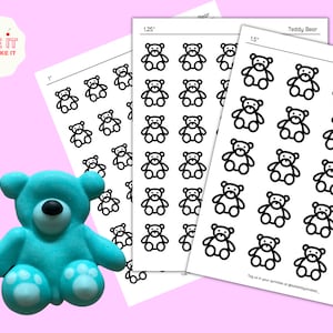 Può includere: Foglio stampabile di sagome di orsacchiotti di varie dimensioni. Il foglio è bianco con sagome nere di orsacchiotti. Il foglio è etichettato "Teddy Bear" e "1.5" pollici.