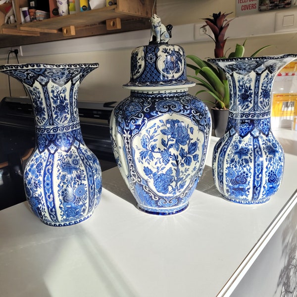 Great trio! Set of 3 large BOCH Delft vases, ceramic, vintage.