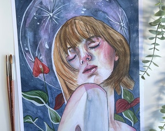 Impression d'art aquarelle | « Femme près de la lune »