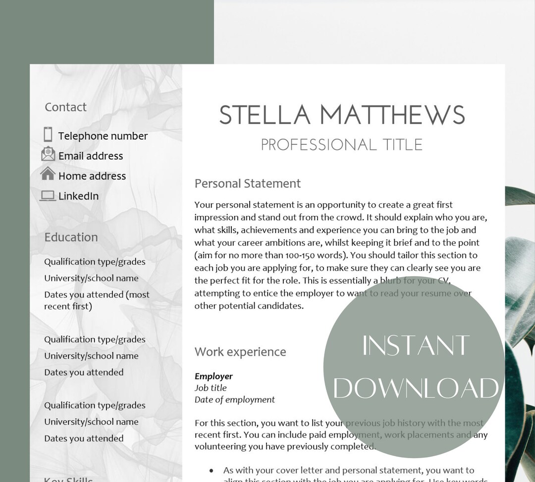 Professional CV Template Word Modern Resume Template - Etsy