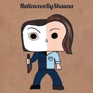 May include: A hand-drawn illustration of a split-faced character, one side white with a black eye, the other with brown hair and a black eye. The character holds a bloody knife and wears a two-tone blue jumpsuit. The text "Halloween By Shauna" is at the top.
