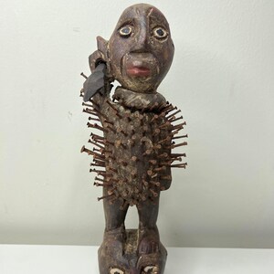 Antique African Bakongo Nkisi Nkondi Statue Nail Fetish Spear Whisk Congo Africa 11&quot; X 4&quot; X 2&quot;